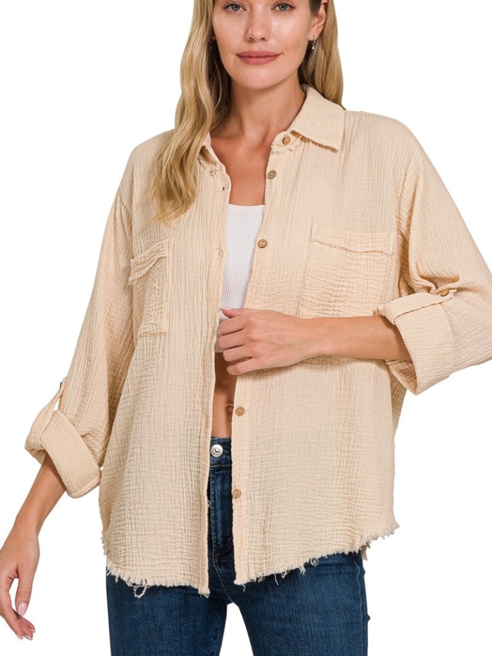 Zenana Double Gauze Oversized Button Down, Beige - Size S